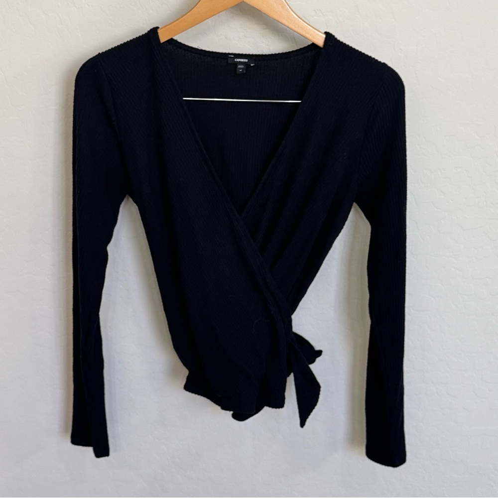 Express Black Ribbed Wrap Top with Tie, Size Medium